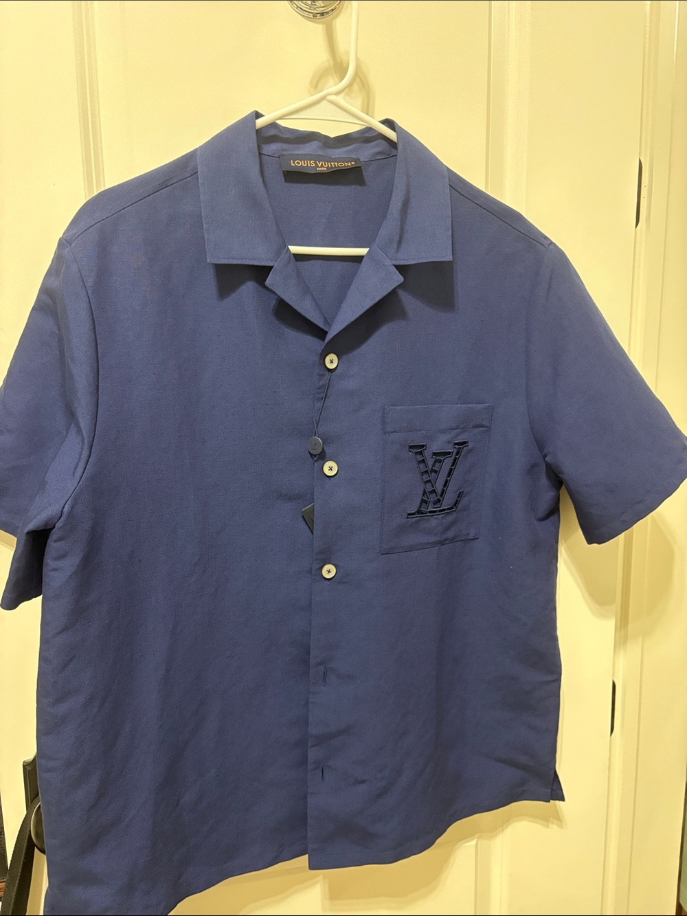 Louis Vuitton Men's Short Sleeve Navy Blue Camp Shirt with LV Chest Pocket